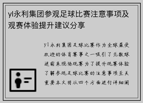 yl永利集团参观足球比赛注意事项及观赛体验提升建议分享