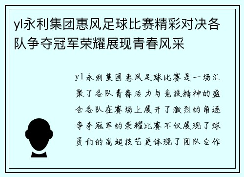 yl永利集团惠风足球比赛精彩对决各队争夺冠军荣耀展现青春风采
