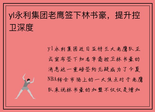 yl永利集团老鹰签下林书豪，提升控卫深度